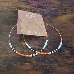 Plunder Gold Hoop Earrings with Blue and Coral Beads